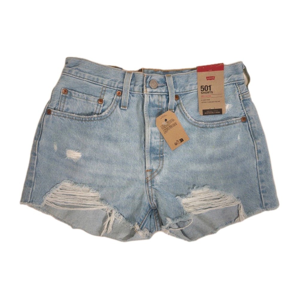 NWT Levis 501 Jean Shorts Womens 26 High Rise Distressed Denim Frayed Light Wash